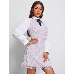 Knotted Detail Frayed Trim 2 In 1 Tweed Dress